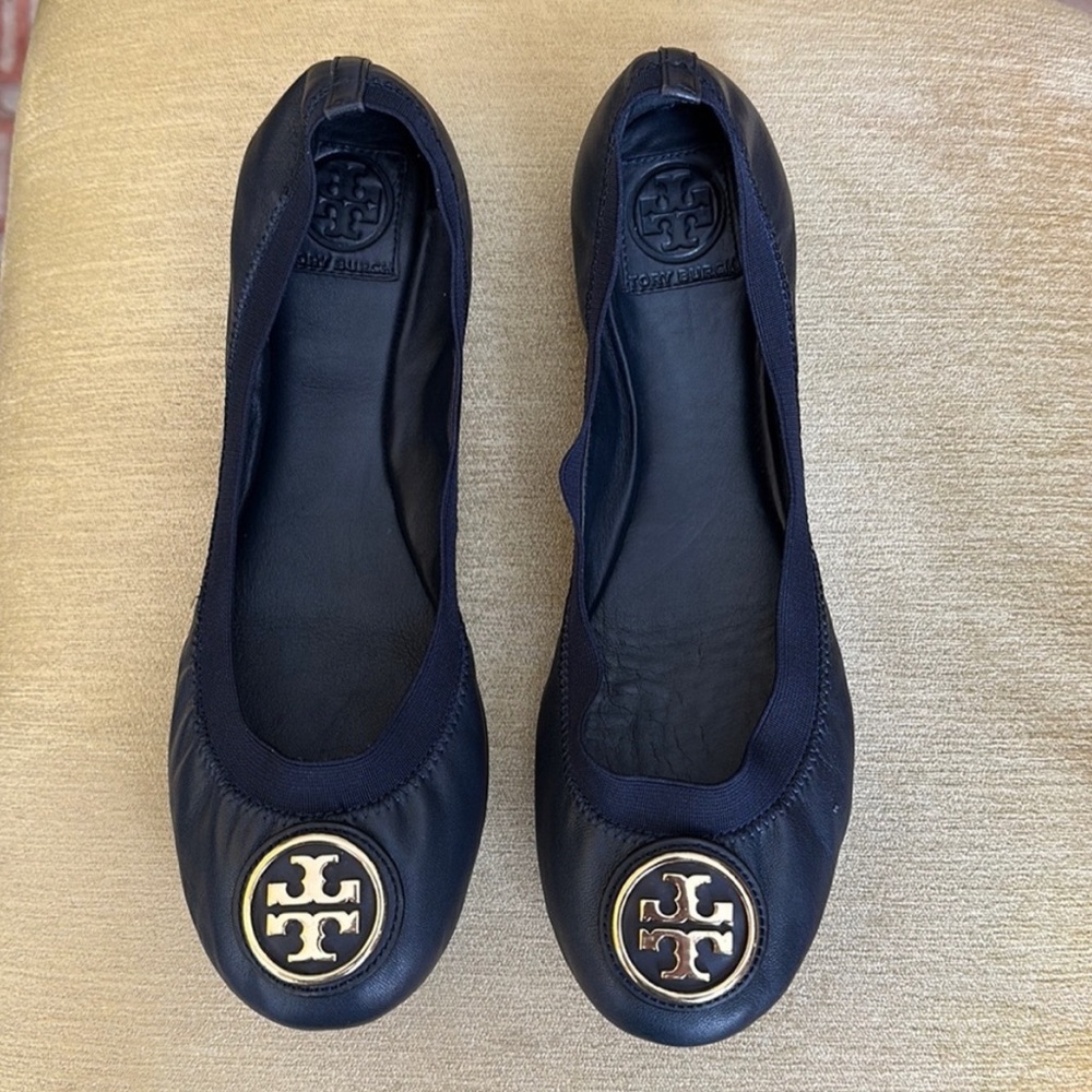 Tory Burch Caroline 2 Leather Stretch Ballerina Flats, Navy Blue Size 11